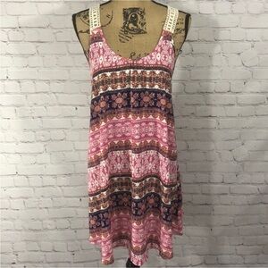 Lush Pink Crochet Racerback Print Dress